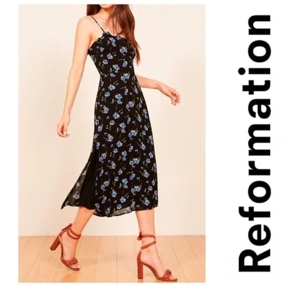 Rare Reformation Cassandra Floral Midi Slip Dress – Black/Blue, Size 2